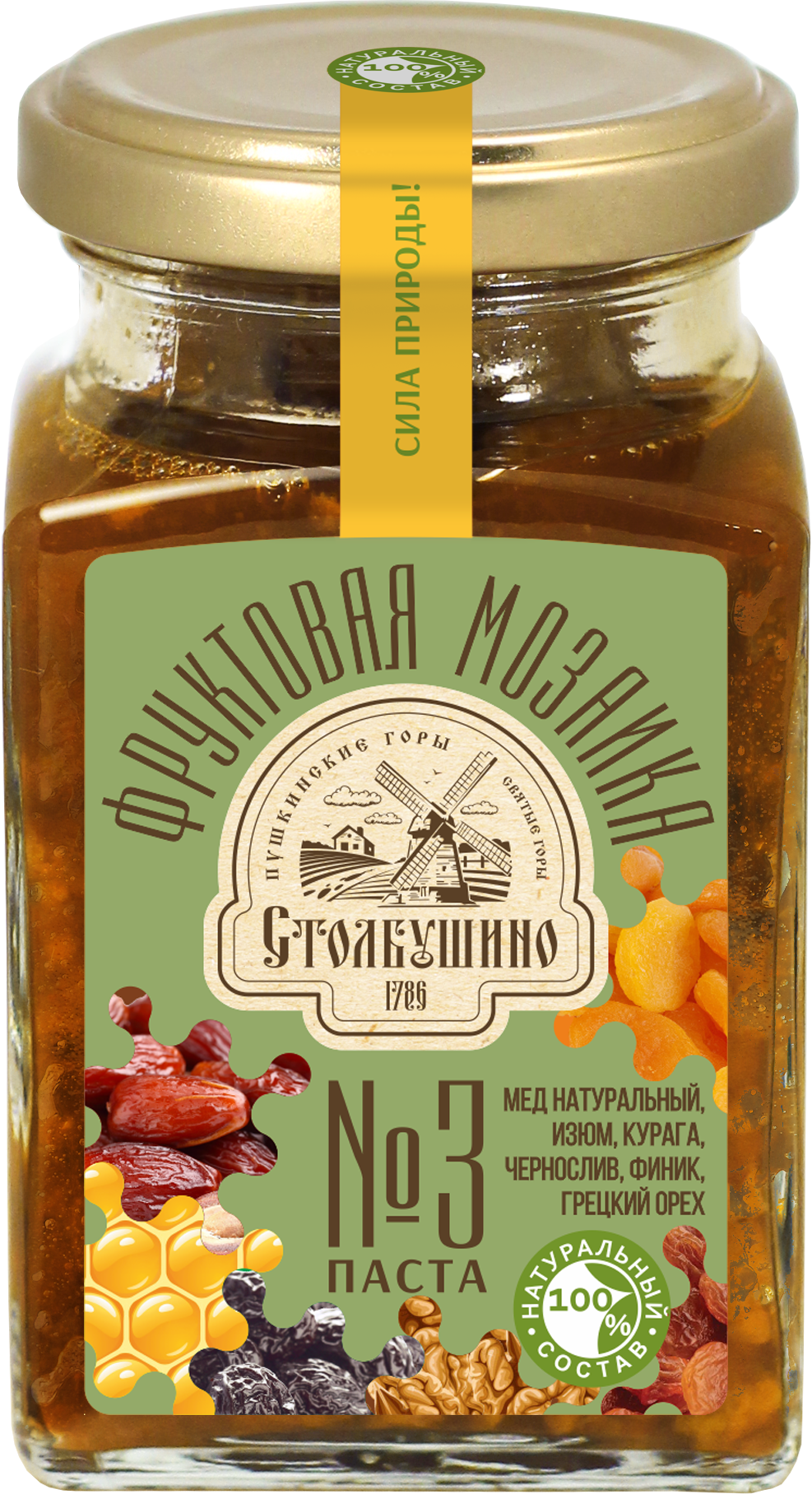 Stolbushinskaya Frucht Mosaik Frucht- und Nusspaste (Honig, Sultaninen, Aprikosen, Pflaumen, Datteln, Walnüsse) Nr. 3   